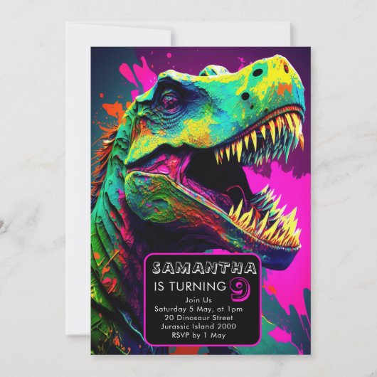 Invitation dinosaure d'art de rue coloré (Devant)
