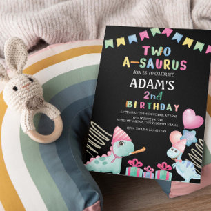 Invitation Dinosaure de la fête noire du 2e anniversaire de T