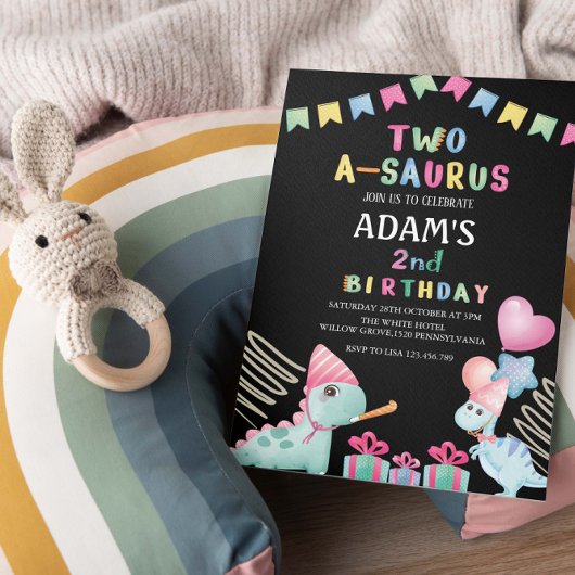 Invitation Dinosaure de la fête noire du 2e anniversaire de T