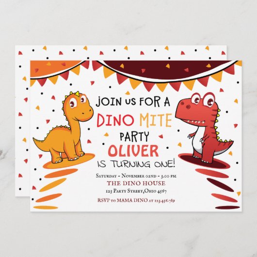 Invitation Dinosaure Dinomite Colorée (Devant / Derrière)