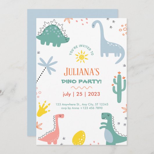 Invitation Dinosaure Enfant Orange Et Vert (Devant / Derrière)
