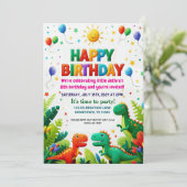 Invitation Dinosaure Enfants colorés fête d'anniversaire (Debout devant)