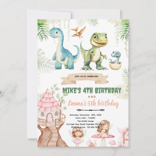 Invitation dinosaure et fée des bois (Devant)