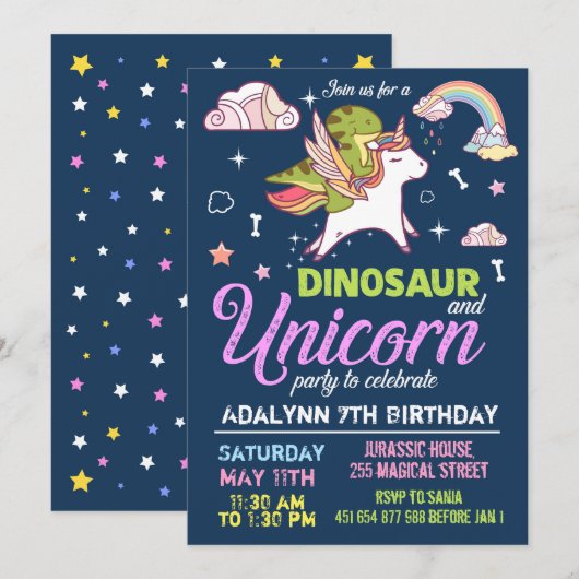 Invitation Dinosaure et Licorne - INVITATION POUR (Devant / Derrière)