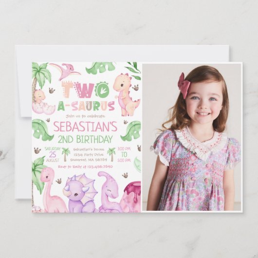 Invitation Dinosaure fille à deux A-Saurus 2e anniversaire Ph (Devant)