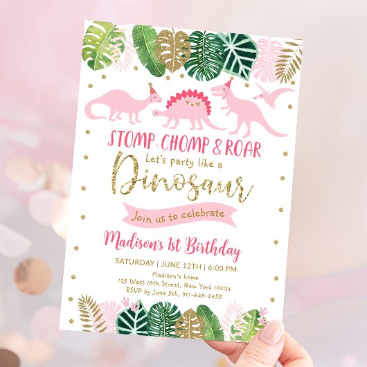 Invitation Dinosaure fille rose et or Anniversaire