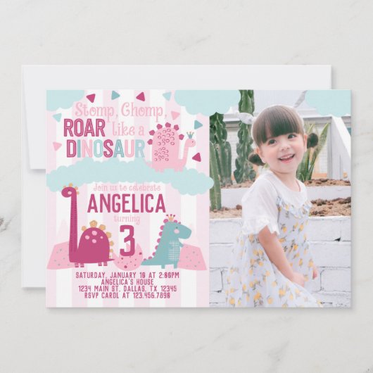 Invitation Dinosaure fille rose fête d'anniversaire Invitatio (Devant)