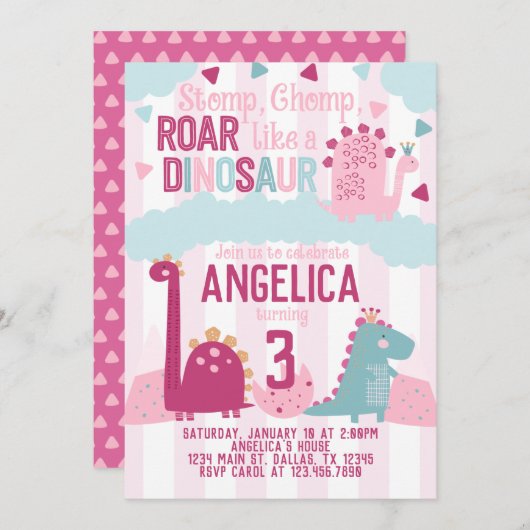 Invitation Dinosaure fille rose fête d'anniversaire Thème (Devant / Derrière)