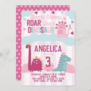 Invitation Dinosaure fille rose fête d'anniversaire Thème