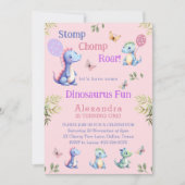 Invitation Dinosaure fille rose mignonne 1er anniversaire (Devant)