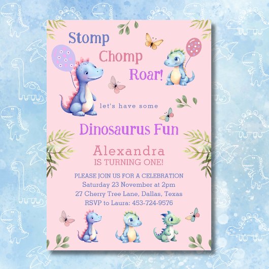 Invitation Dinosaure fille rose mignonne 1er anniversaire