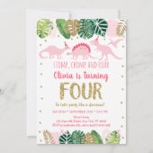 Invitation Dinosaure fille rose Quatrième anniversaire (Devant)