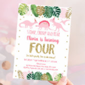 Invitation Dinosaure fille rose Quatrième anniversaire
