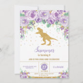 Invitation Dinosaure Floral Violet Fête Anniversaire T-Rex (Devant)