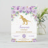 Invitation Dinosaure Floral Violet Fête Anniversaire T-Rex (Debout devant)