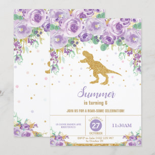 Invitation Dinosaure Floral Violet Fête Anniversaire T-Rex