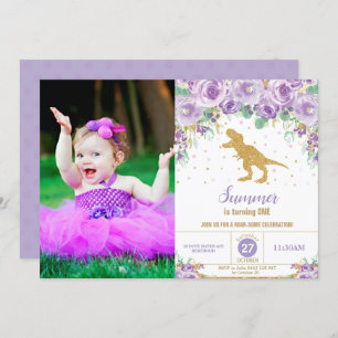 Invitation Dinosaure florale violette Photo d'anniversaire de