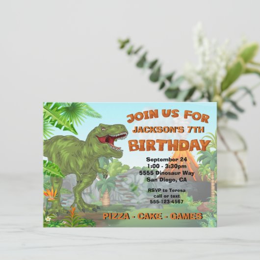 Invitation Dinosaure géant Jungle Volcano fête de naissance (Debout devant)