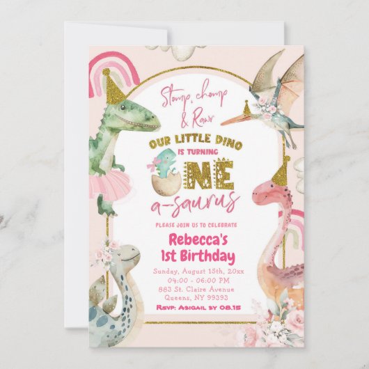 Invitation Dinosaure Girl Turl One A-Saurus 1er anniversaire (Devant)