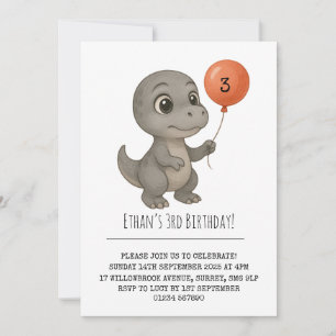 Invitation Dinosaure Gris aux Yeux Écarquillés avec Ballon d'