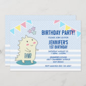 Invitation Dinosaure jaune mignon avec des étoiles joyeux Ann (Devant / Derrière)