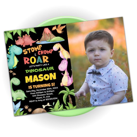 Invitation Dinosaure jaune rouge vert photo
