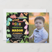 Invitation Dinosaure jaune rouge vert photo (Devant)