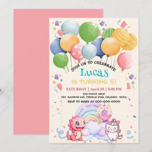 Invitation Dinosaure Licorne Arc-en-ciel donut ballon motif m (Devant / Derrière)