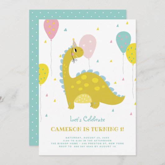 Invitation Dinosaure mignon avec Anniversaire de enfant de ba (Devant / Derrière)
