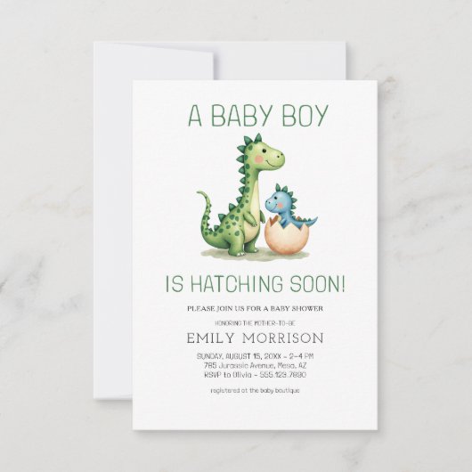 Invitation Dinosaure mignon éclosion Bientôt bébé garçon douc (Devant)