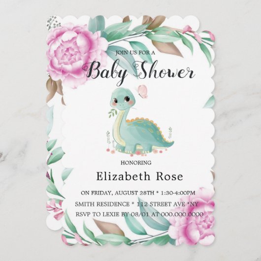 Invitation Dinosaure mignon et Baby shower de pivoine rose In (Devant / Derrière)