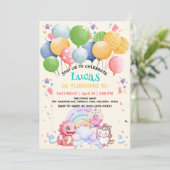 Invitation Dinosaure mignon licorne arc-en-ciel donut ballon  (Debout devant)