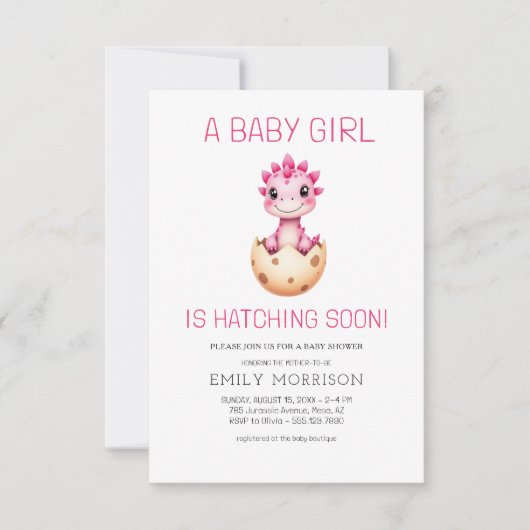 Invitation Dinosaure mignonne éclosion Bientôt bébé fille Dou (Devant)