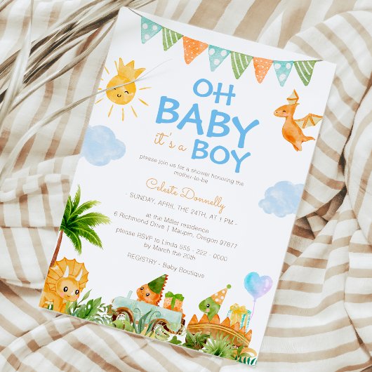 Invitation Dinosaure moderne Blanc Oh Baby Boy Douche