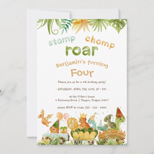 Invitation Dinosaure moderne Stomp Chomp Roar 4e anniversaire (Devant)