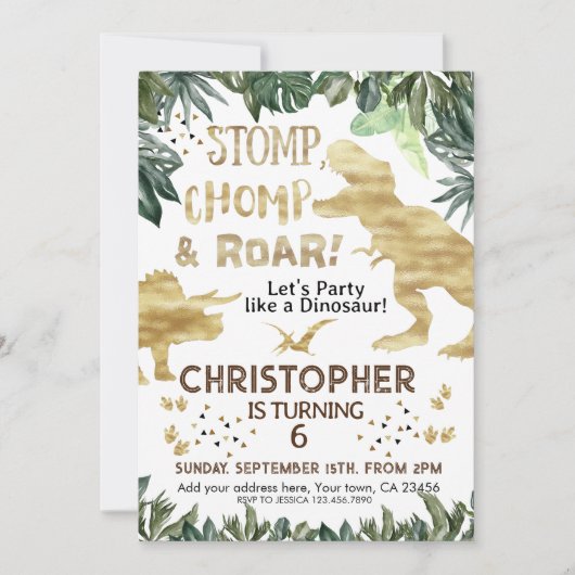 Invitation Dinosaure or mignon Anniversaire de enfant Dino Tr (Devant)