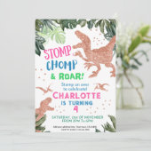 Invitation Dinosaure Or Rose Cute Anniversaire (Debout devant)