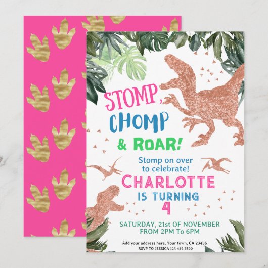 Invitation Dinosaure Or Rose Cute Anniversaire (Devant / Derrière)