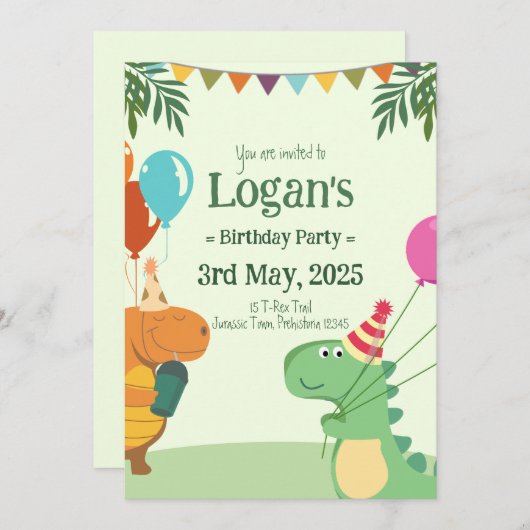 Invitation Dinosaure personnalisé pour la fête d'anniversaire (Devant / Derrière)