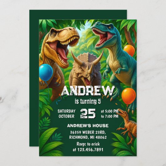 Invitation Dinosaure personnel T-Rex fête d'anniversaire Dino (Devant / Derrière)