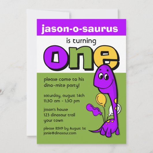 Invitation Dinosaure pourpre 1er anniversaire (Devant)