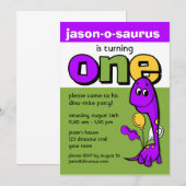 Invitation Dinosaure pourpre 1er anniversaire (Devant / Derrière)
