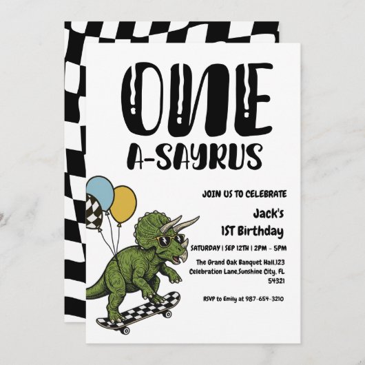 Invitation Dinosaure Premier Anniversaire, Skateboard Dinos 1 (Devant / Derrière)