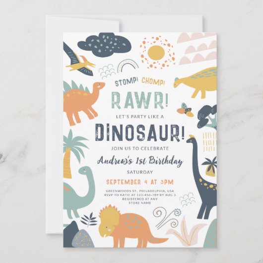 Invitation Dinosaure Premier anniversaire Stomp Chomp Roar (Devant)