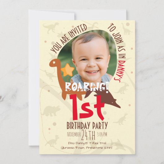 Invitation Dinosaure Roaring personnalisé 1er anniversaire (Devant)