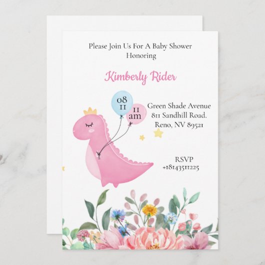 Invitation Dinosaure rose (Devant / Derrière)