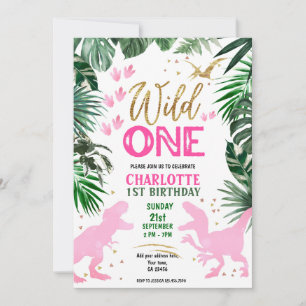Invitation Dinosaure rose 1er Anniversaire sauvage