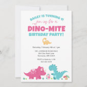 Invitation Dinosaure rose et bleu fête d'anniversaire (Devant)