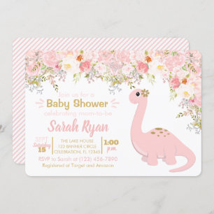 Invitation Dinosaure rose et or Baby shower floral fille