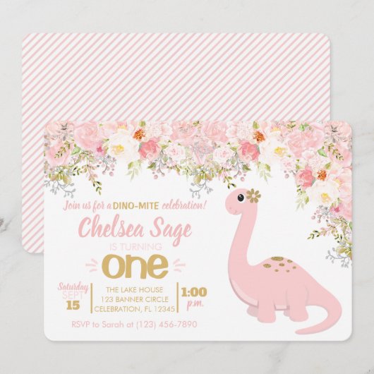 Invitation Dinosaure rose et or Floral Girl Anniversaire (Devant / Derrière)